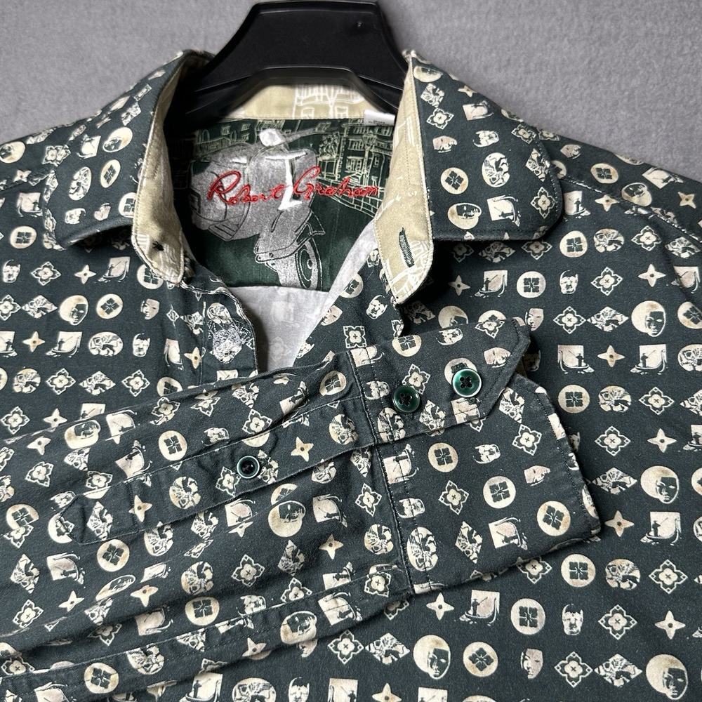 Robert Graham Shirt Mens Small Green Button Up Flip Cuff City‎ Of Masks